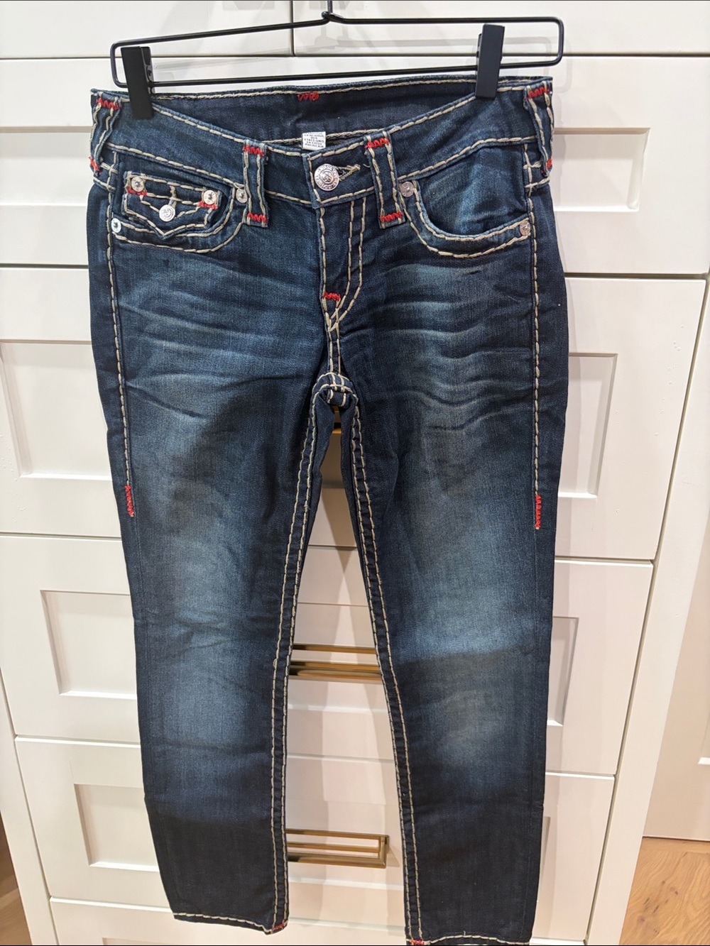 True Religion Indigo Skinny Jeans with Red Stitch Accents